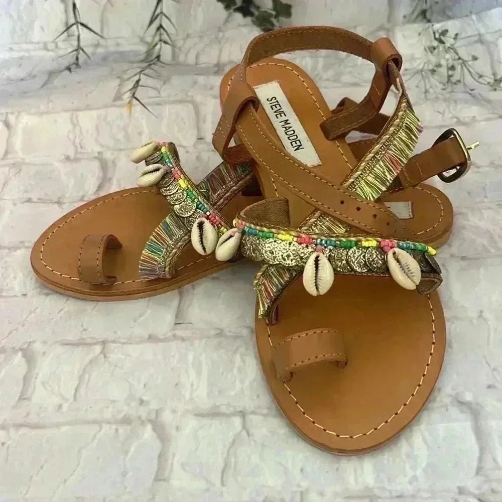 Steve Madden Rowan Neon Rainbow Leather Sandals with Puka Shells - Picture 5 of 5